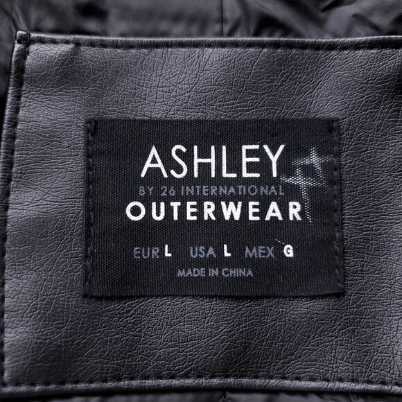 Ashley Biker Jacket Women L Black Faux Leather Belted Offset Zipper Cropped Edgy - Picture 5 of 11